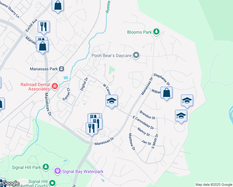 map of restaurants, bars, coffee shops, grocery stores, and more near 9409 Black Hawk Court in Manassas Park