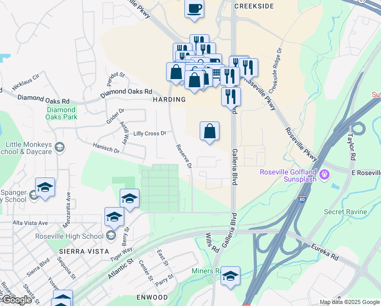 map of restaurants, bars, coffee shops, grocery stores, and more near 920 Reserve Drive in Roseville