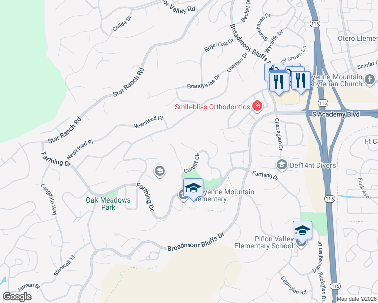 map of restaurants, bars, coffee shops, grocery stores, and more near 345 Cheshire Court in Colorado Springs