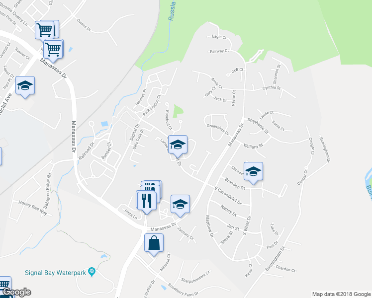 map of restaurants, bars, coffee shops, grocery stores, and more near 9409 Black Hawk Court in Manassas Park