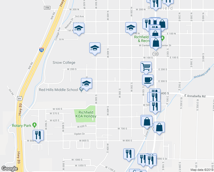 map of restaurants, bars, coffee shops, grocery stores, and more near 350 South 400 West in Richfield