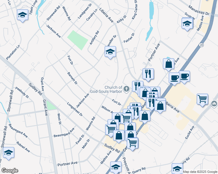 map of restaurants, bars, coffee shops, grocery stores, and more near 8816 Weems Road in Manassas