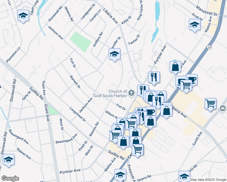 map of restaurants, bars, coffee shops, grocery stores, and more near 8816 Weems Road in Manassas