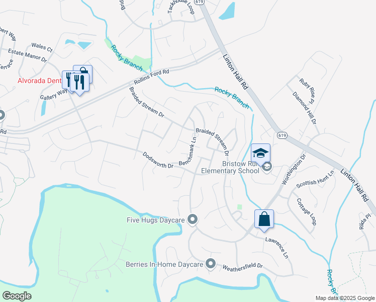 map of restaurants, bars, coffee shops, grocery stores, and more near 13702 Bidwell Place in Bristow