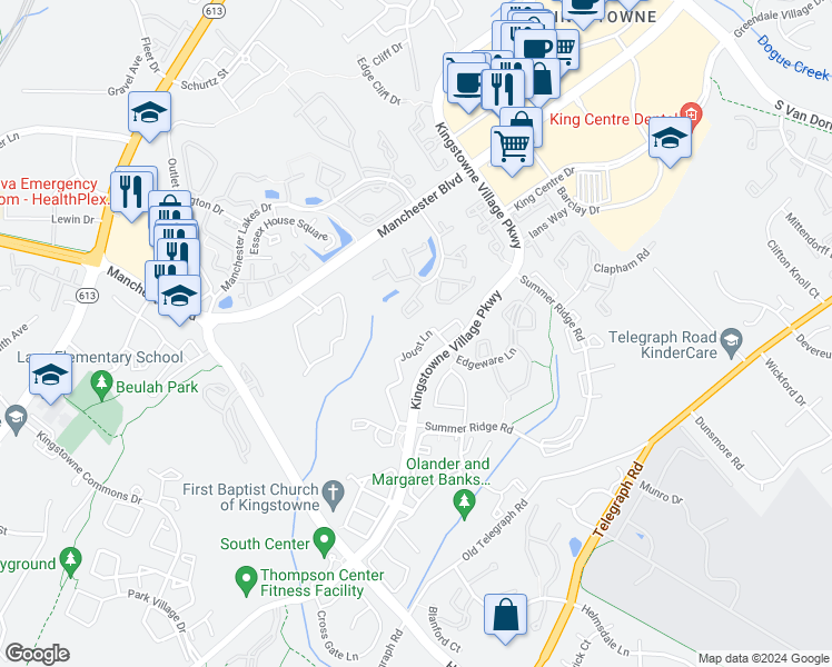 map of restaurants, bars, coffee shops, grocery stores, and more near 6056 Joust Lane in Alexandria