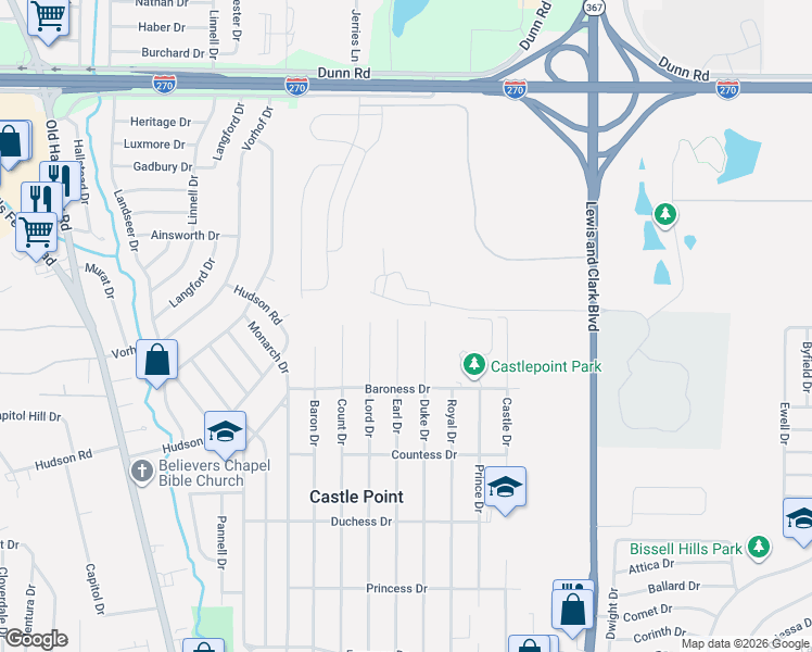 map of restaurants, bars, coffee shops, grocery stores, and more near 10545 Duke Drive in St. Louis