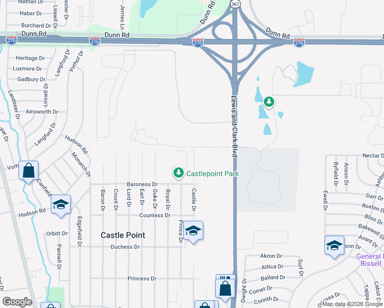 map of restaurants, bars, coffee shops, grocery stores, and more near 10545 Castle Drive in St. Louis