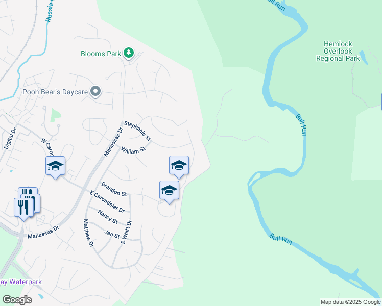 map of restaurants, bars, coffee shops, grocery stores, and more near 9304 Cougar Court in Manassas Park