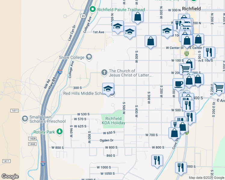 map of restaurants, bars, coffee shops, grocery stores, and more near 339-399 S 600 W in Richfield
