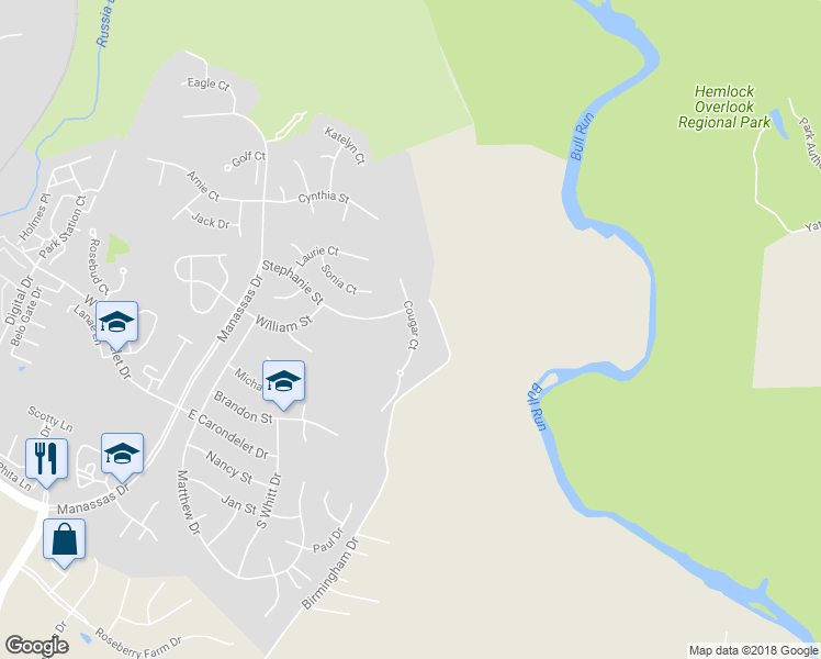 map of restaurants, bars, coffee shops, grocery stores, and more near 9304 Cougar Court in Manassas Park