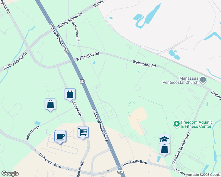 map of restaurants, bars, coffee shops, grocery stores, and more near 8890 Curie Street in Manassas
