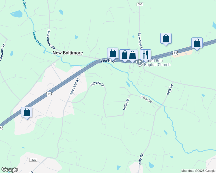 map of restaurants, bars, coffee shops, grocery stores, and more near 5296 Hillside Drive in Warrenton