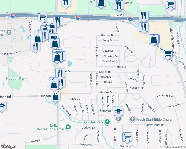 map of restaurants, bars, coffee shops, grocery stores, and more near 10508 Alliance Drive in St. Louis