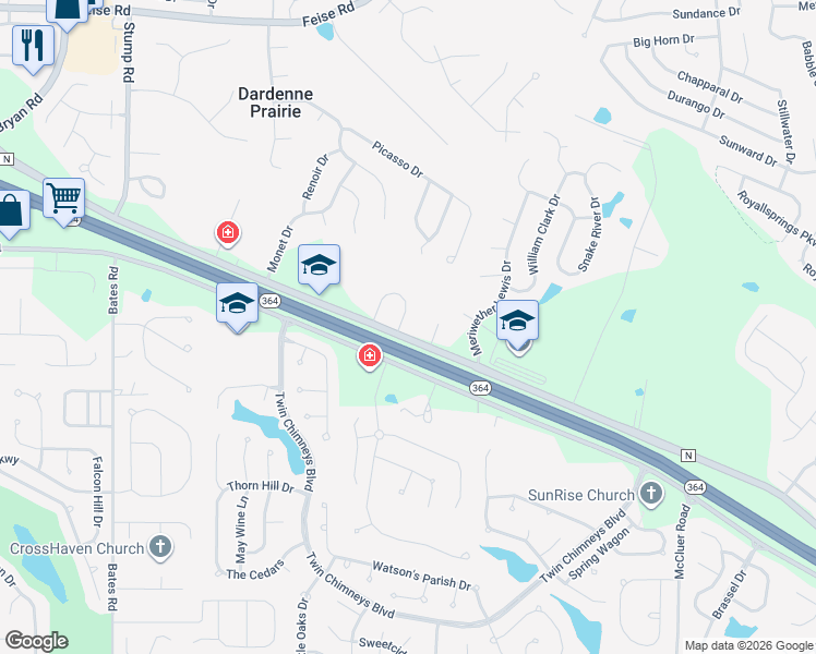 map of restaurants, bars, coffee shops, grocery stores, and more near 7166 Highway N in Dardenne Prairie
