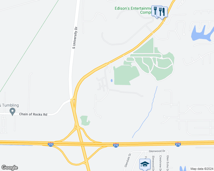 map of restaurants, bars, coffee shops, grocery stores, and more near 3 Silver Oaks Lane in Edwardsville