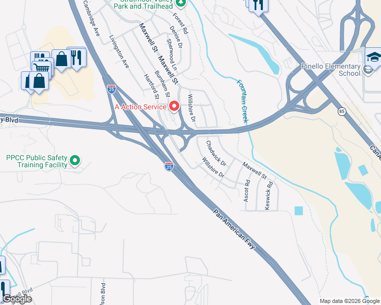 map of restaurants, bars, coffee shops, grocery stores, and more near 1549 Hartford Street in Colorado Springs