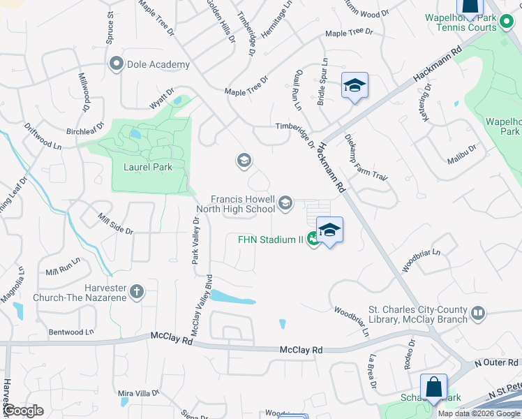 map of restaurants, bars, coffee shops, grocery stores, and more near 3024 Valley Ridge Drive in St. Peters