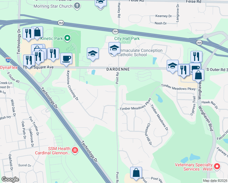 map of restaurants, bars, coffee shops, grocery stores, and more near 2247 Post Road in O'Fallon