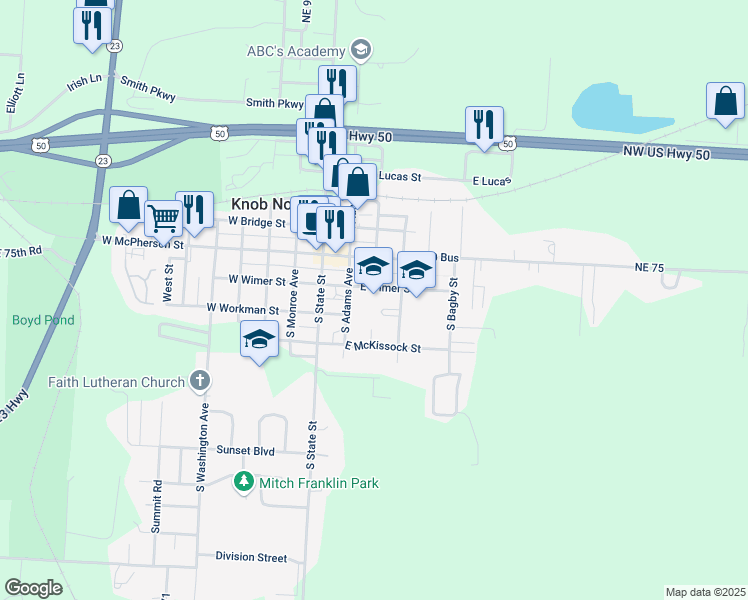 map of restaurants, bars, coffee shops, grocery stores, and more near 211 East Wimer Street in Knob Noster