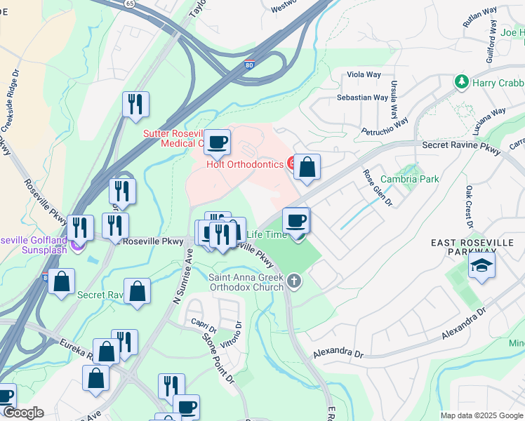 map of restaurants, bars, coffee shops, grocery stores, and more near 1101 Secret Ravine Parkway in Roseville