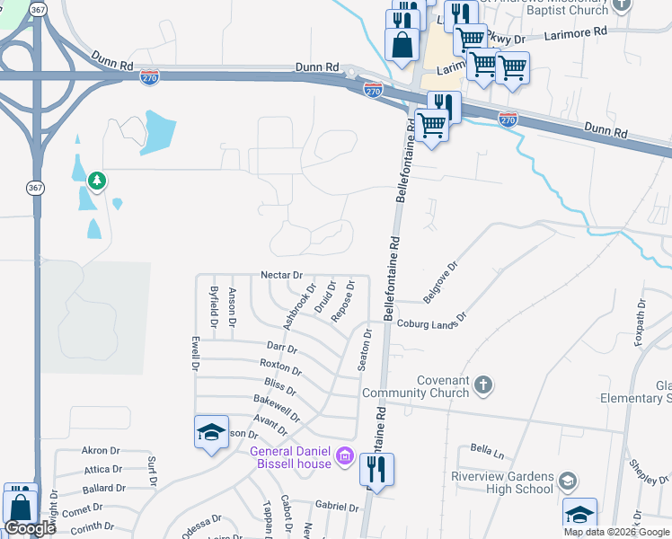 map of restaurants, bars, coffee shops, grocery stores, and more near 10529 Druid Drive in St. Louis
