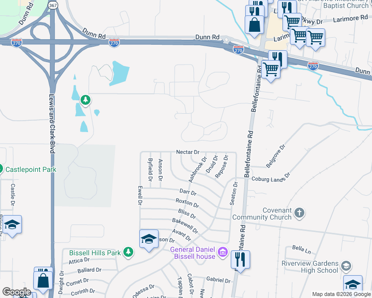 map of restaurants, bars, coffee shops, grocery stores, and more near 1236 Esquire Drive in St. Louis