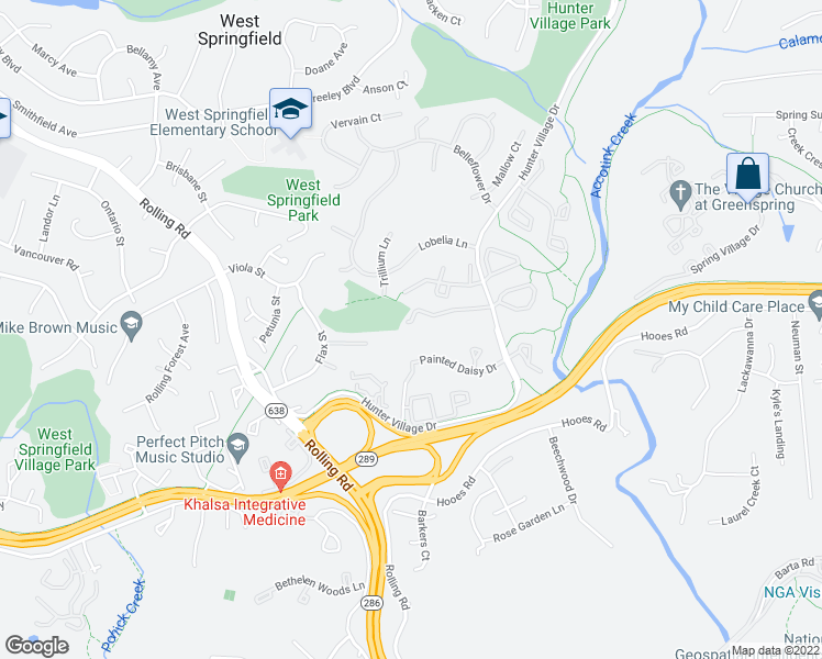 map of restaurants, bars, coffee shops, grocery stores, and more near 7877 Wintercress Lane in Springfield