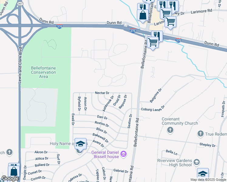 map of restaurants, bars, coffee shops, grocery stores, and more near 1157 Nectar Drive in St. Louis