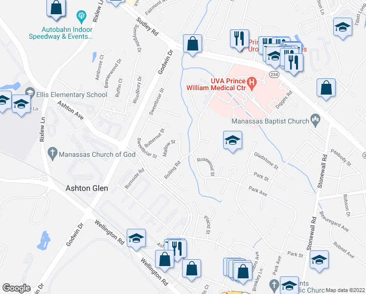 map of restaurants, bars, coffee shops, grocery stores, and more near 8937 Tarragon Court in Manassas