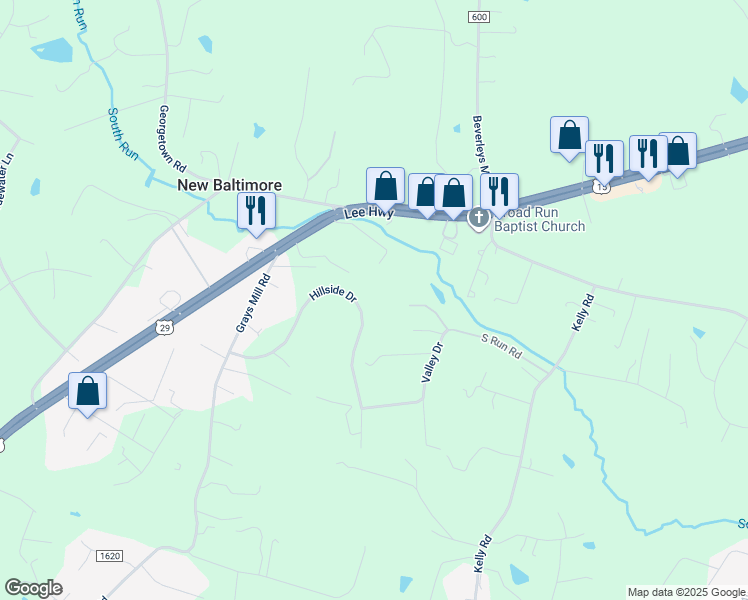 map of restaurants, bars, coffee shops, grocery stores, and more near 5296 Hillside Drive in Warrenton