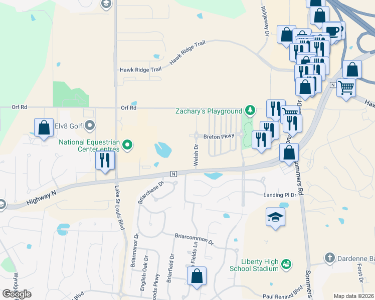 map of restaurants, bars, coffee shops, grocery stores, and more near 1133 Welsh Drive in Lake Saint Louis