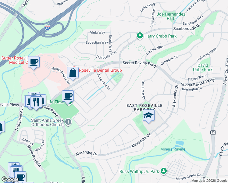 map of restaurants, bars, coffee shops, grocery stores, and more near 1704 Grey Owl Circle in Roseville