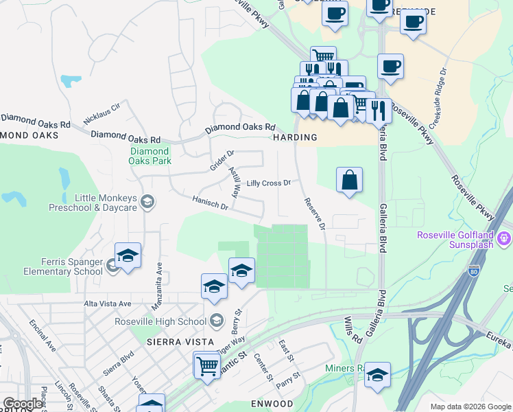 map of restaurants, bars, coffee shops, grocery stores, and more near 675 Young Way in Roseville
