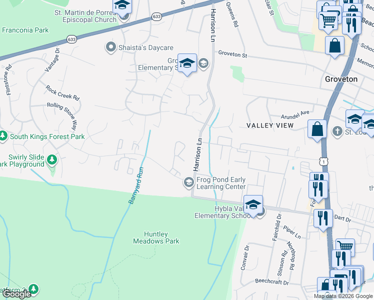 map of restaurants, bars, coffee shops, grocery stores, and more near 7022-7128 Harrison Lane in Alexandria