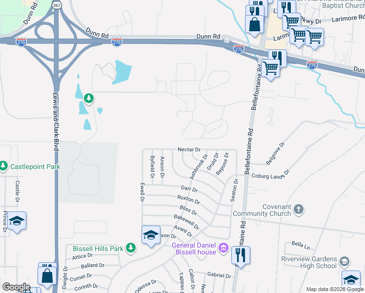 map of restaurants, bars, coffee shops, grocery stores, and more near 1236 Esquire Drive in St. Louis