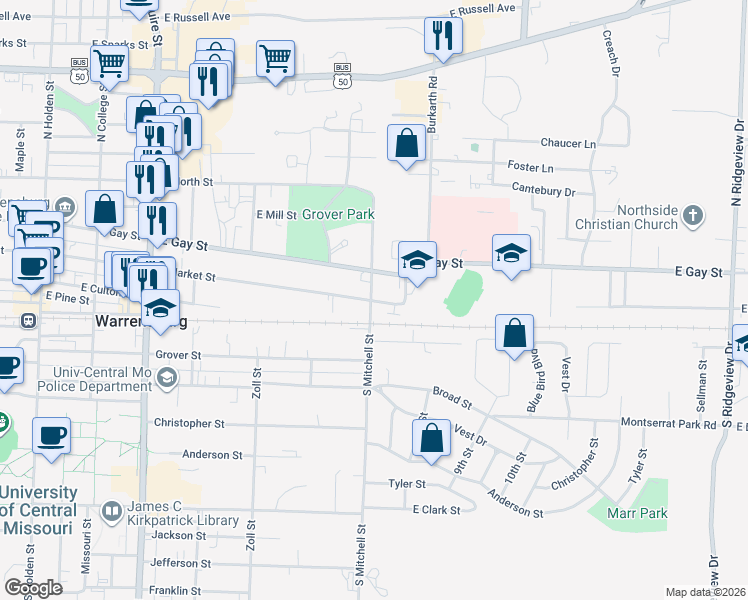 map of restaurants, bars, coffee shops, grocery stores, and more near 101 North Mitchell Street in Warrensburg