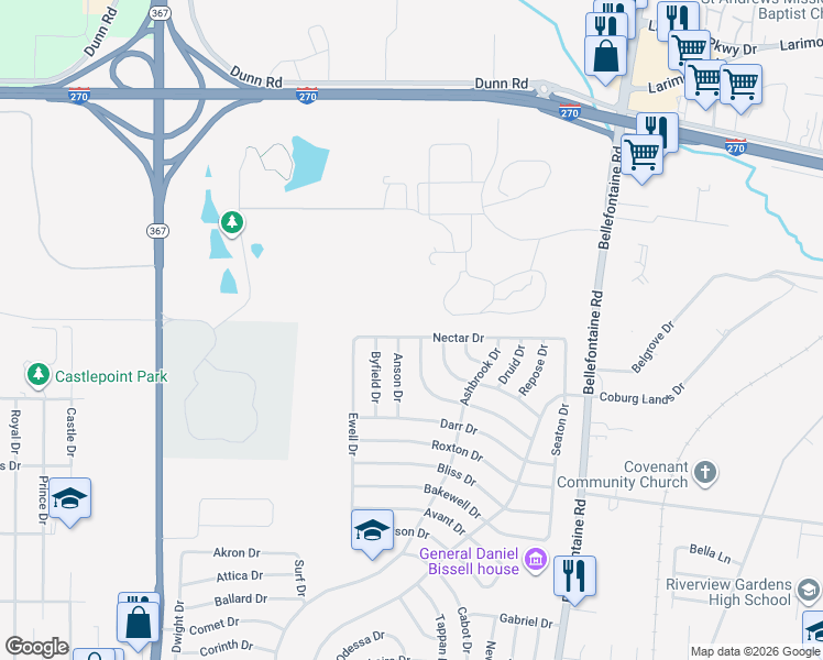 map of restaurants, bars, coffee shops, grocery stores, and more near 10547 Anson Drive in St. Louis