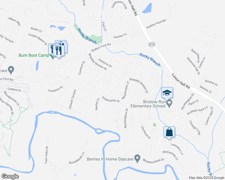 map of restaurants, bars, coffee shops, grocery stores, and more near 8898 Stable Forest Place in Bristow