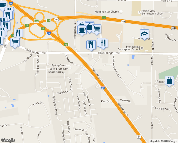map of restaurants, bars, coffee shops, grocery stores, and more near Highway N in Dardenne Prairie