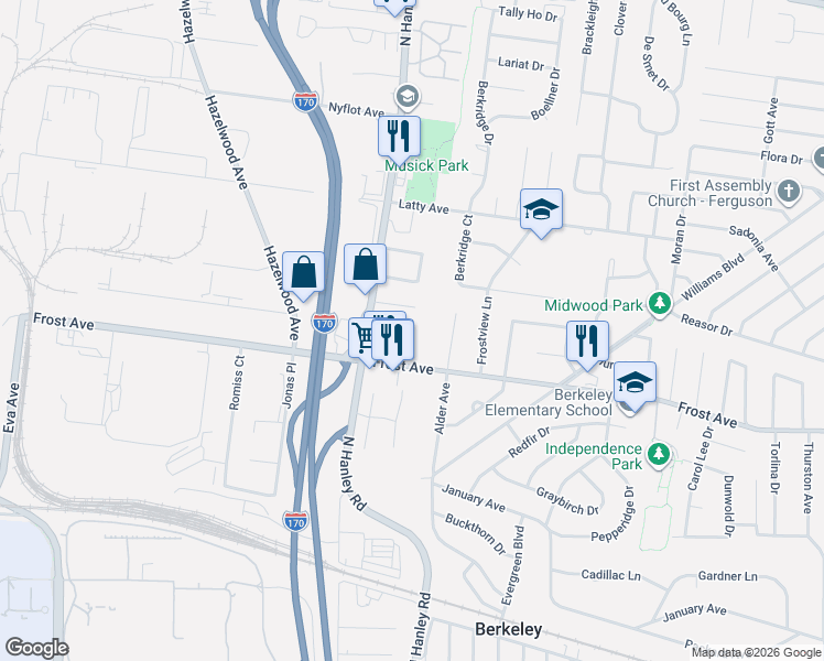 map of restaurants, bars, coffee shops, grocery stores, and more near 8617 Frost Avenue in Berkeley