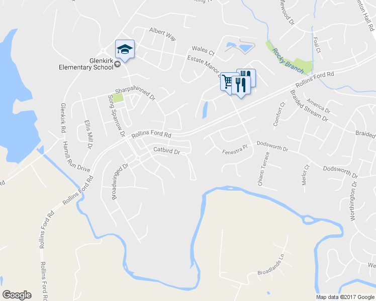 map of restaurants, bars, coffee shops, grocery stores, and more near 14180 Catbird Drive in Gainesville