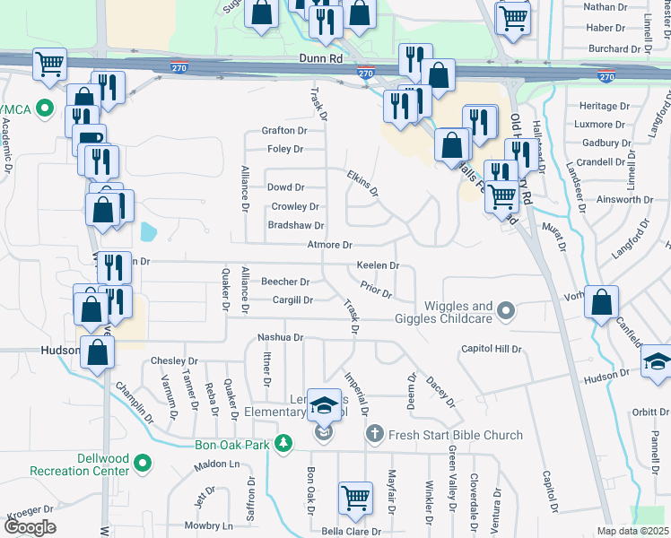 map of restaurants, bars, coffee shops, grocery stores, and more near 10504 Trask Drive in St. Louis