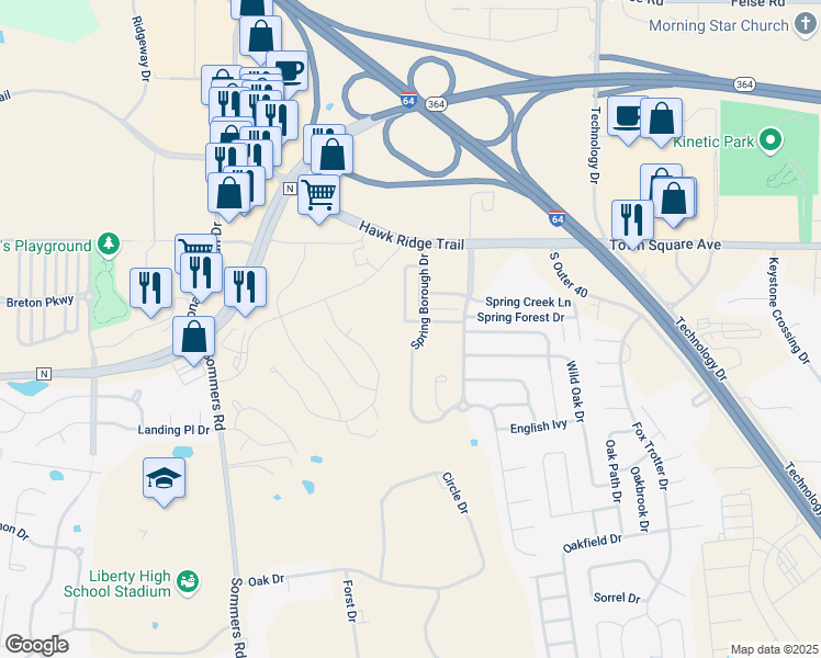 map of restaurants, bars, coffee shops, grocery stores, and more near 205 Spring Borough Drive in O'Fallon
