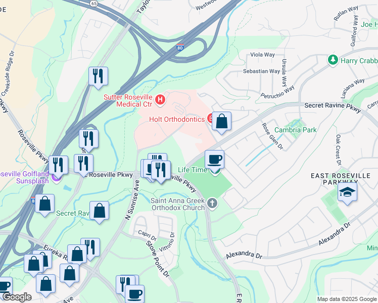 map of restaurants, bars, coffee shops, grocery stores, and more near 1101 Secret Ravine Parkway in Roseville