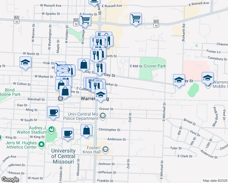 map of restaurants, bars, coffee shops, grocery stores, and more near 402 East Culton Street in Warrensburg