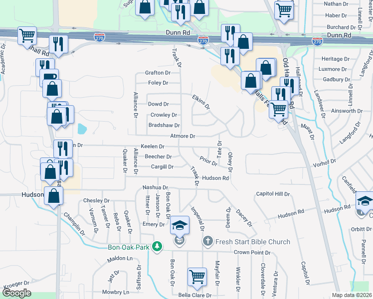 map of restaurants, bars, coffee shops, grocery stores, and more near 1806 Keelen Drive in St. Louis
