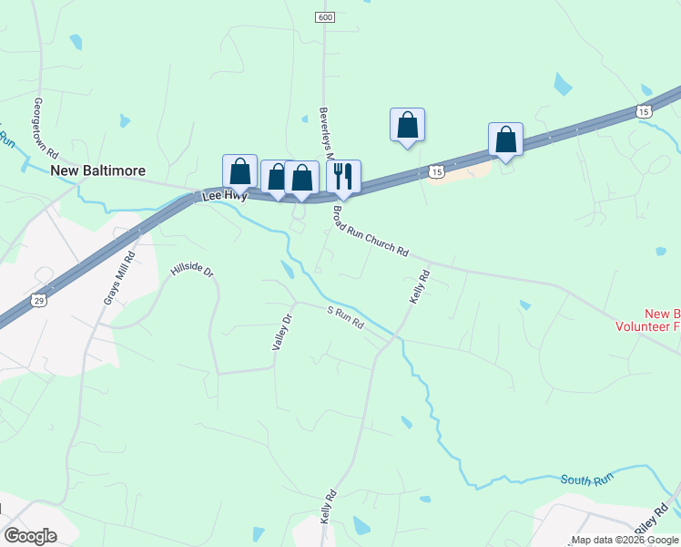 map of restaurants, bars, coffee shops, grocery stores, and more near 5143 Bainbridge Lane in Warrenton