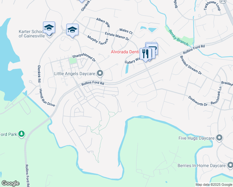 map of restaurants, bars, coffee shops, grocery stores, and more near 14180 Catbird Drive in Gainesville