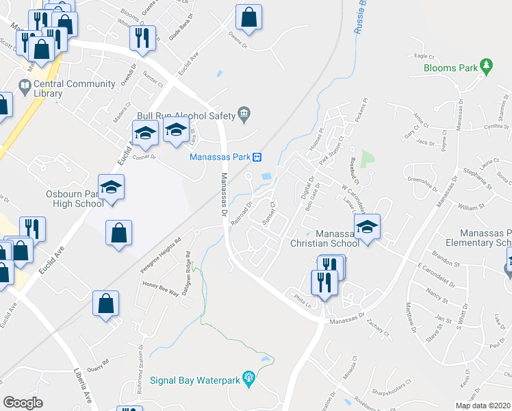 map of restaurants, bars, coffee shops, grocery stores, and more near Sunset Court in Manassas Park