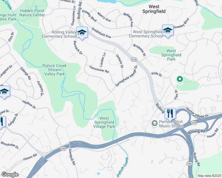map of restaurants, bars, coffee shops, grocery stores, and more near 8134 Springfield Village Drive in West Springfield